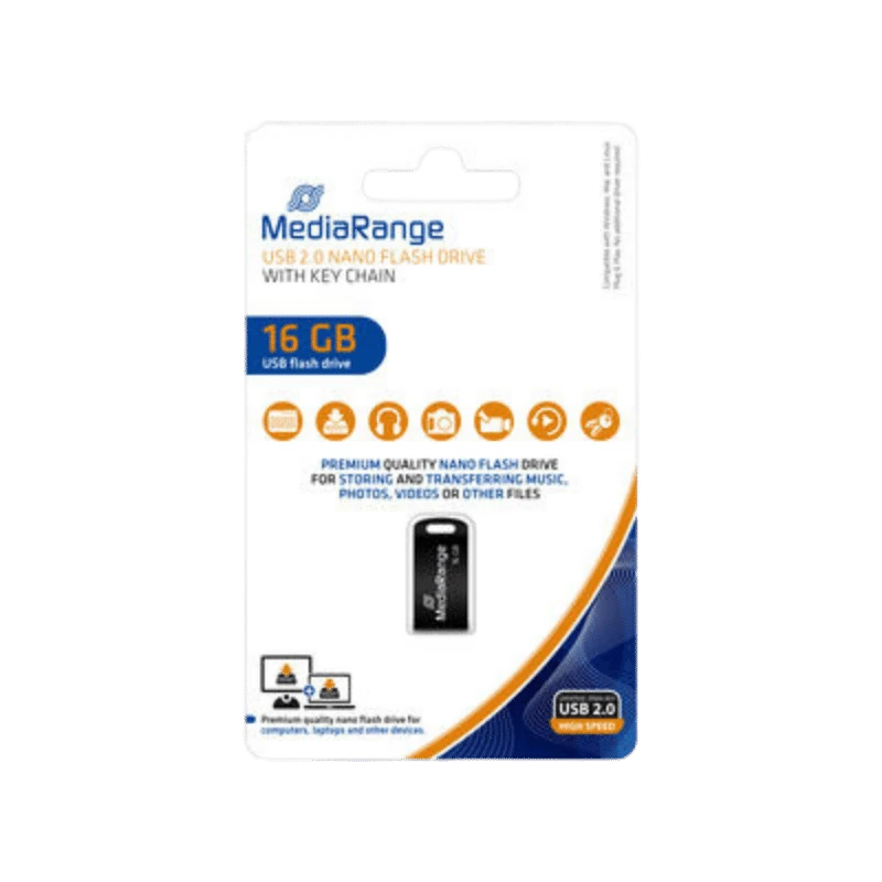 MediaRange MR921 USB Nano Flash Drive 16GB in verpakking.