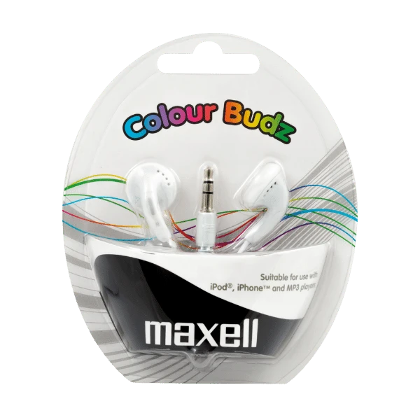 Maxell Colour Budz - 303484 in verpakking. Kleur wit - 3.5 mm aansluitng kabellengte 1.2 meter